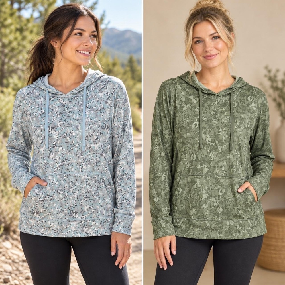 Gerry Women's L Pullover Top 2 Pack Camo Hooded Blue Green Lightweight Active